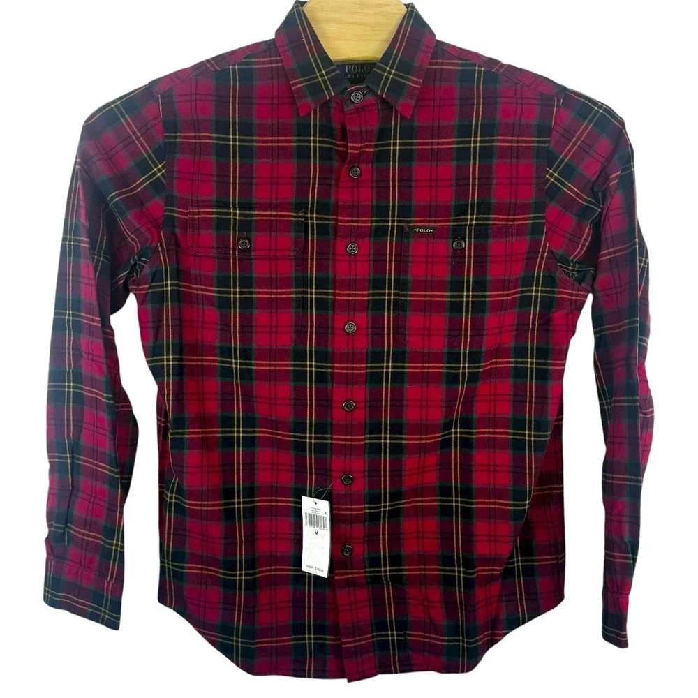 Polo Ralph Lauren Mens Medium Red Black Tartan Oxford Sport Shirt Cotton Pocket